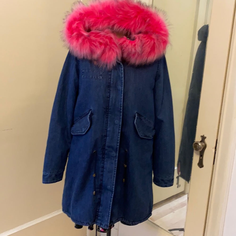 Denim utility jacket lined in bright pink fur!